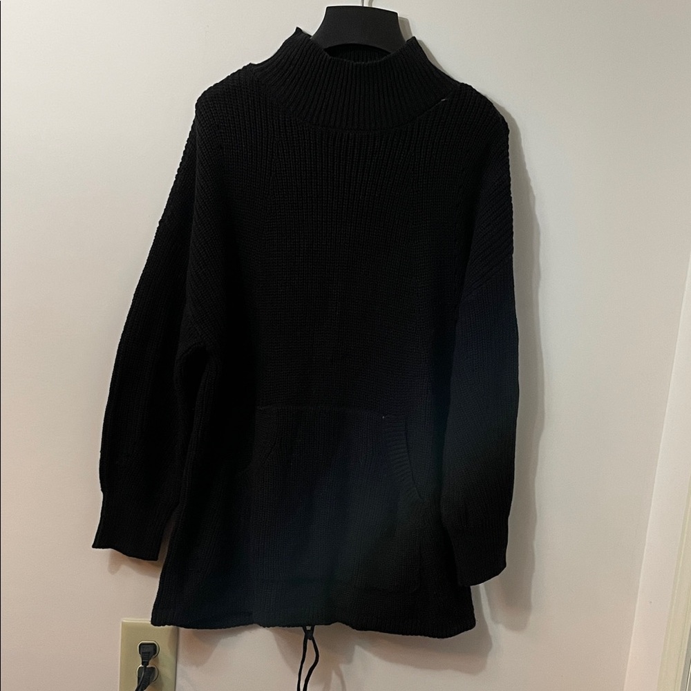 RDI Black Ribbed Knit Mock Turtleneck Kangaroo Pocket Long Sleeve Sweater L
